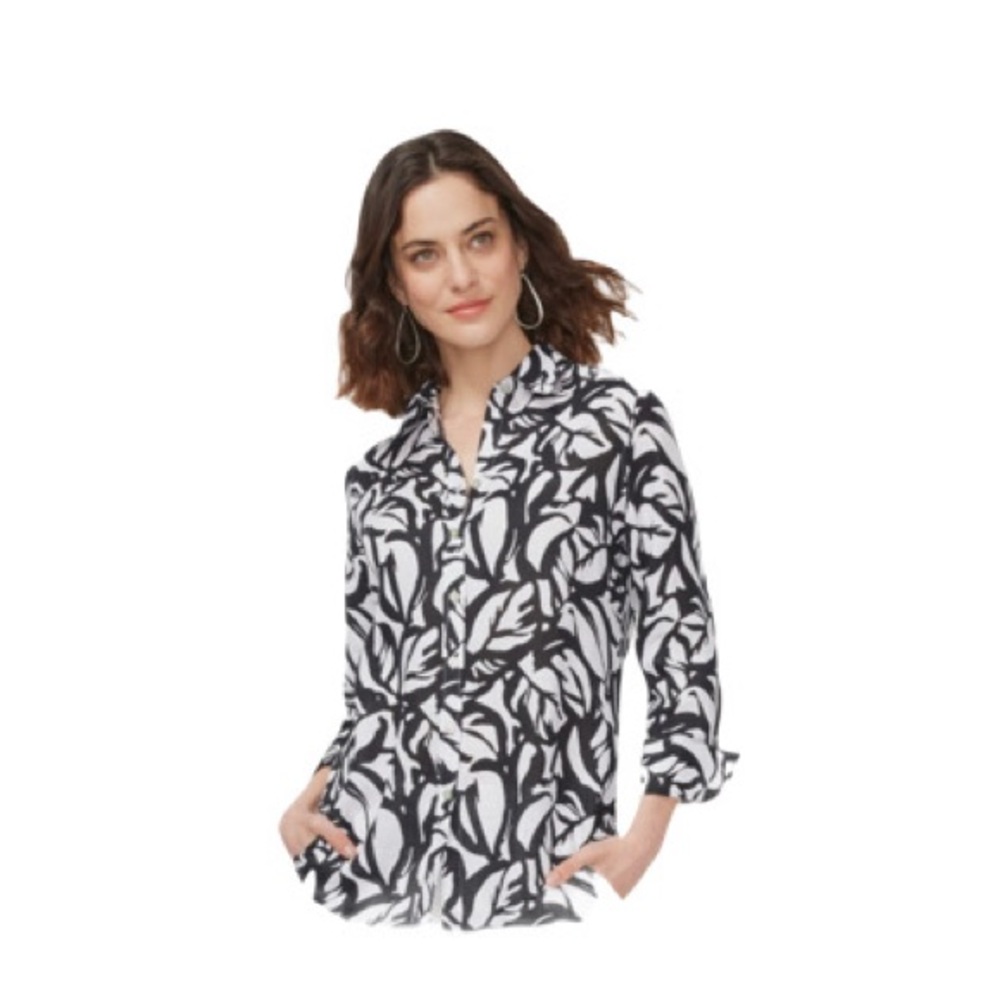 Chico’s No Iron 100% Linen 3/4 Sleeves Button Down Shirt Size 4 Leaf Print Top